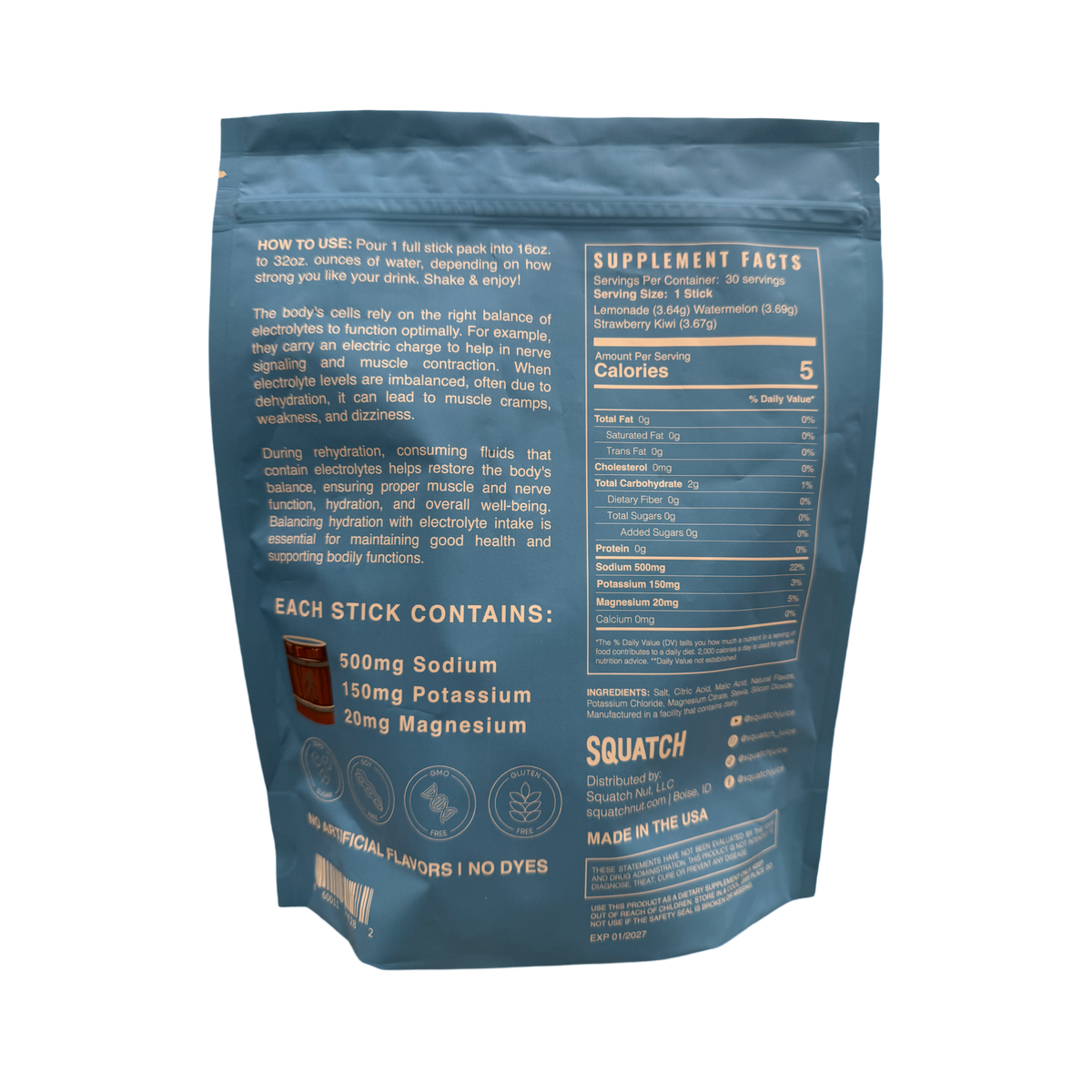 Squatch Juice Hydration - Pre-order Only - 30 Sticks - Pineapple/Mango, Watermelon, Lemonade, Strawberry/Kiwi