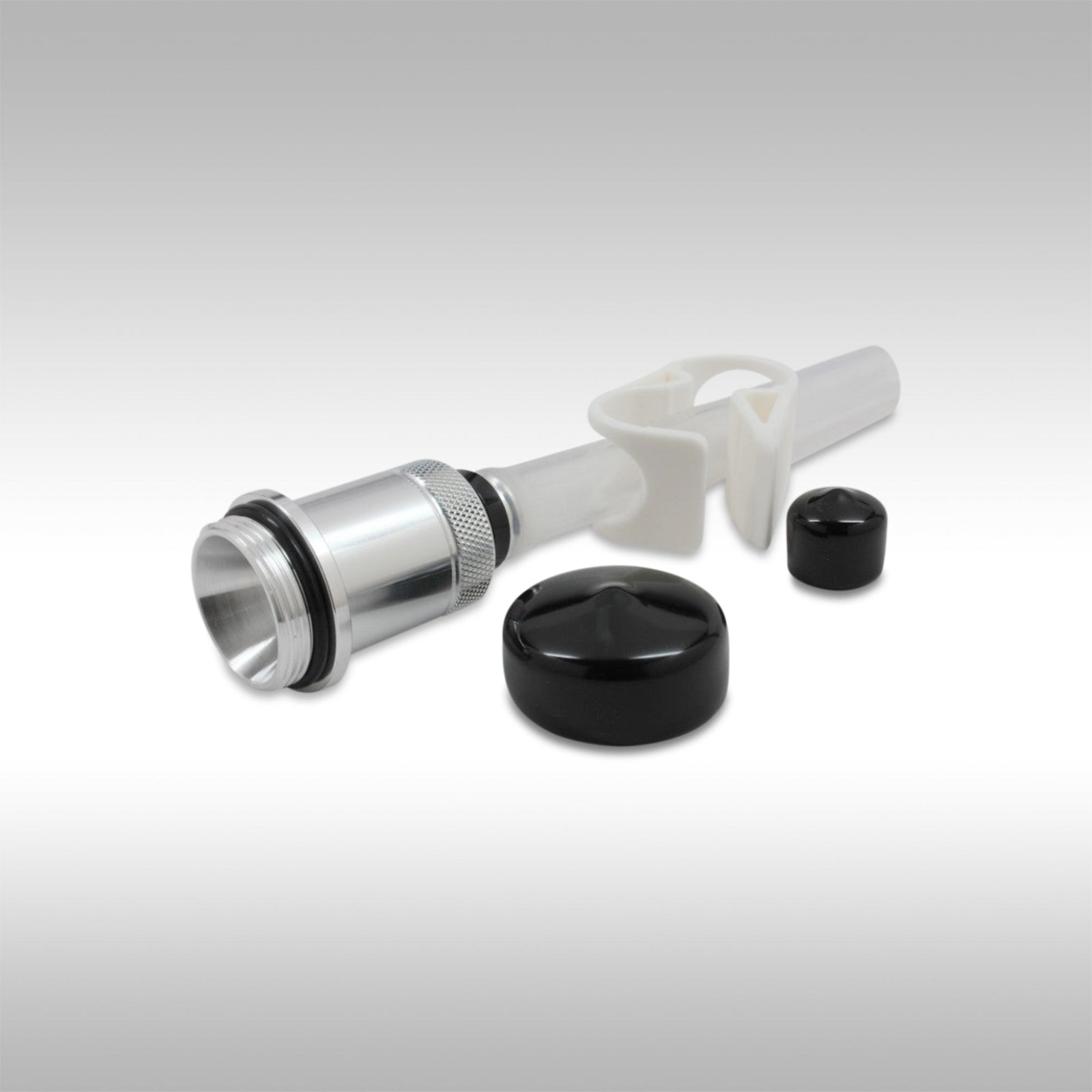 Works Connection 24-100 EZ Oil Drain tool featuring an aluminum adapter, silicone hose, and flow clamp.