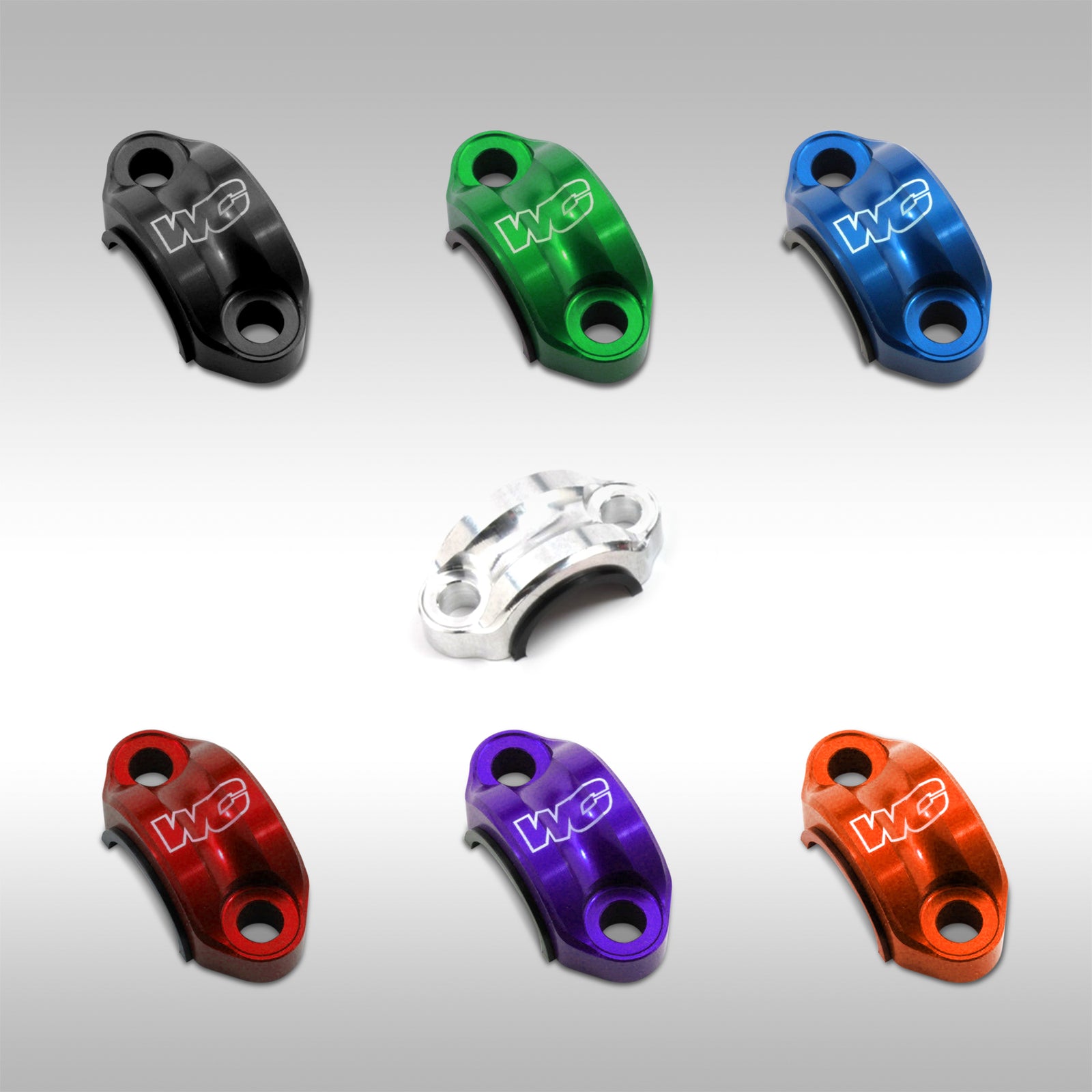 An assortment of Works Connection Rotating Bar Clamps in various colors including purple, blue, red, black, silver, and orange.