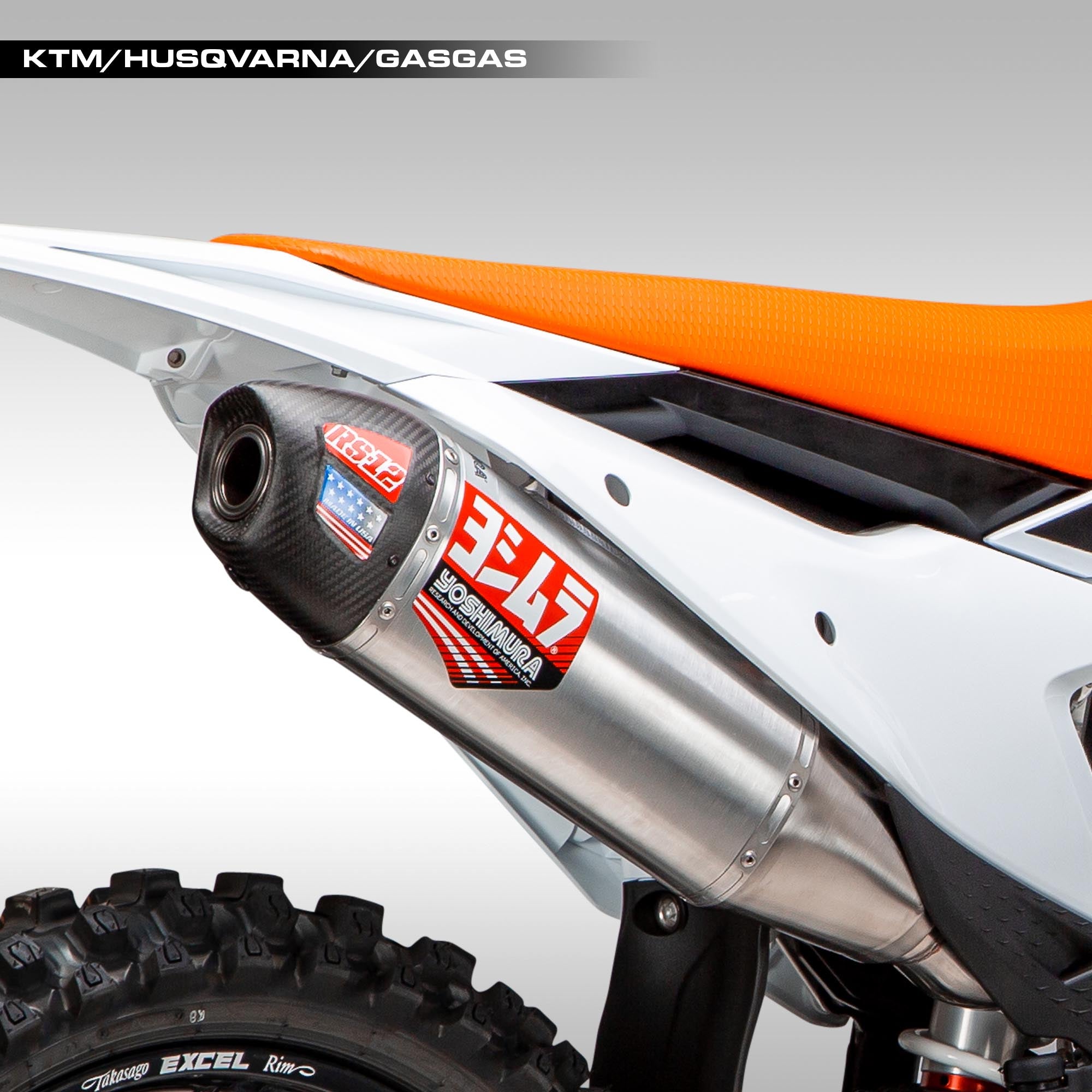 The Yoshimura RS-12 Slip-On Signature Series RS-12 slip-on provides additional power and it increases the torque for you KTM XC-F, SX-F or Husqvarna FX, FC. Includes a USFS approved spark arrestor in every slip-on, giving you peace of mind when you're headed out to the woods. With the SA-19-K spark arrestor, your bike will be noticeably quieter, and when you're out in the backcountry, everyone can appreciate a lower lower noise signature.