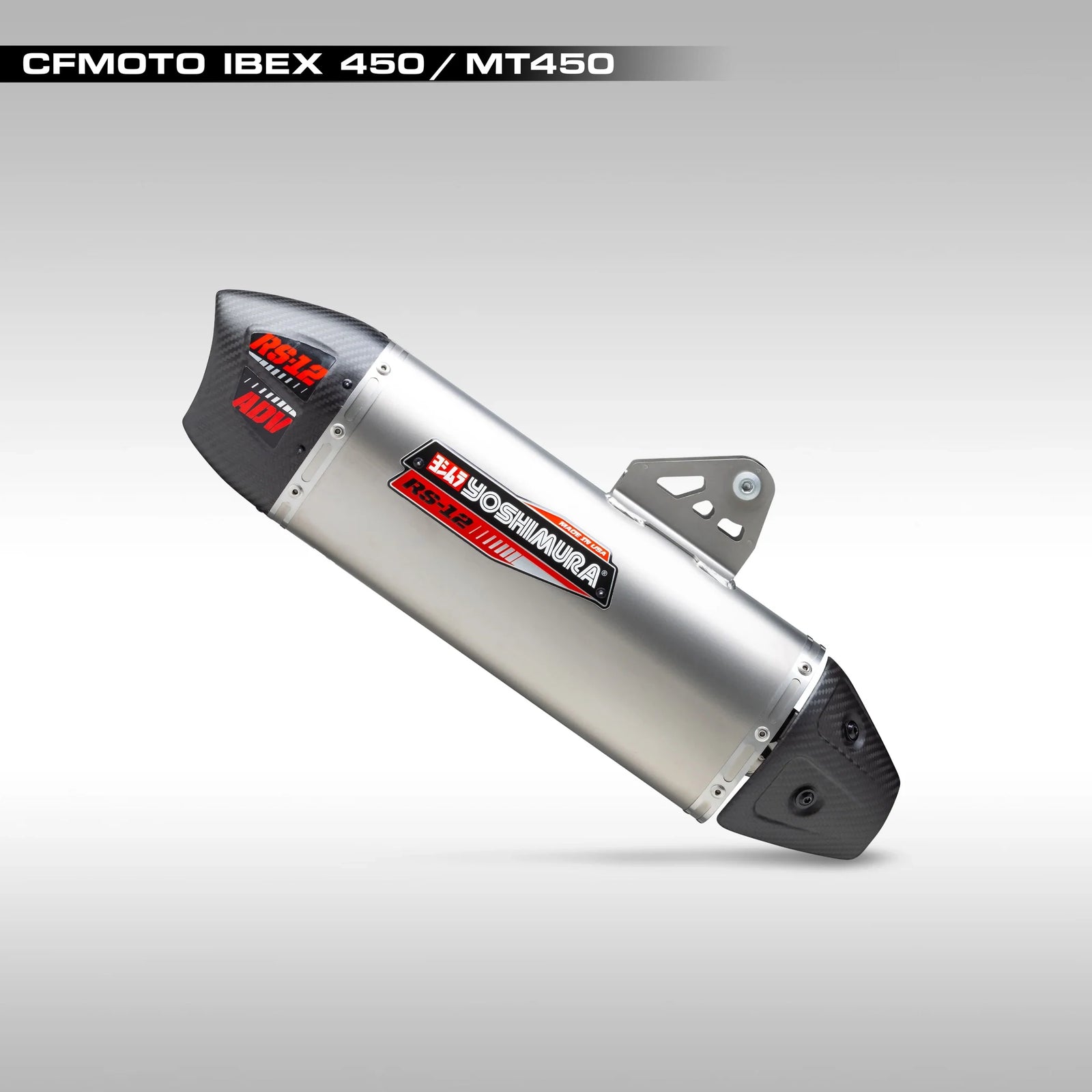 Yoshimura RS-12 motorcycle exhaust for the CFMOTO Ibex 450 / MT450 on a gray background