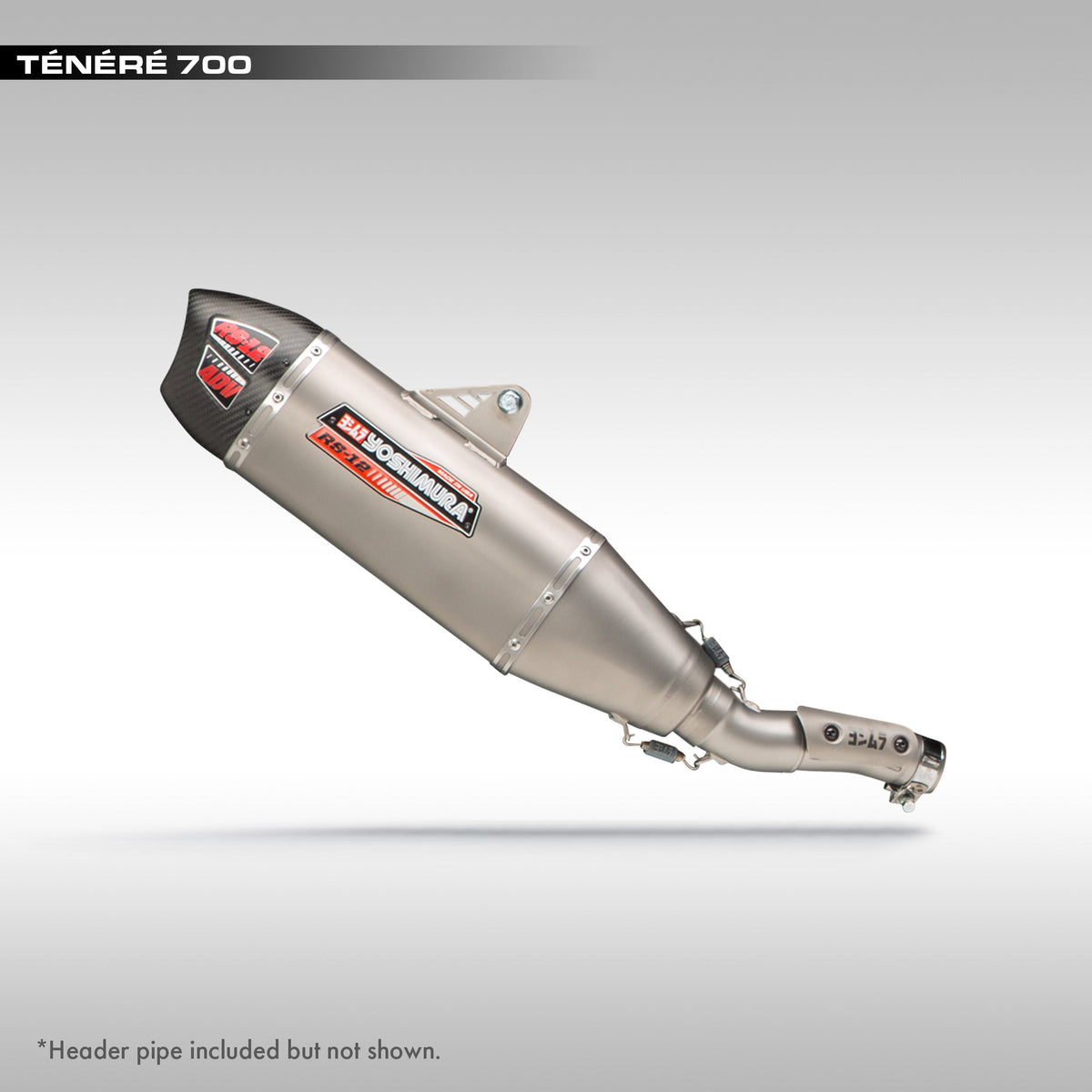 Yoshimura RS-12 Adventure exhaust system on a gray background, labeled for the Tenere 700