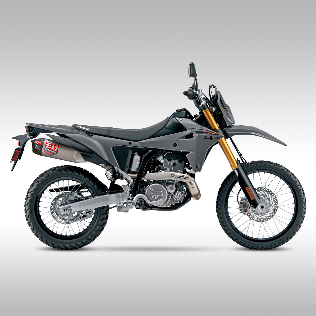 Yoshimura RS-12 Enduro Series stainless steel slip-on exhaust installed on a Gray 2025 Suzuki DR-Z4S.