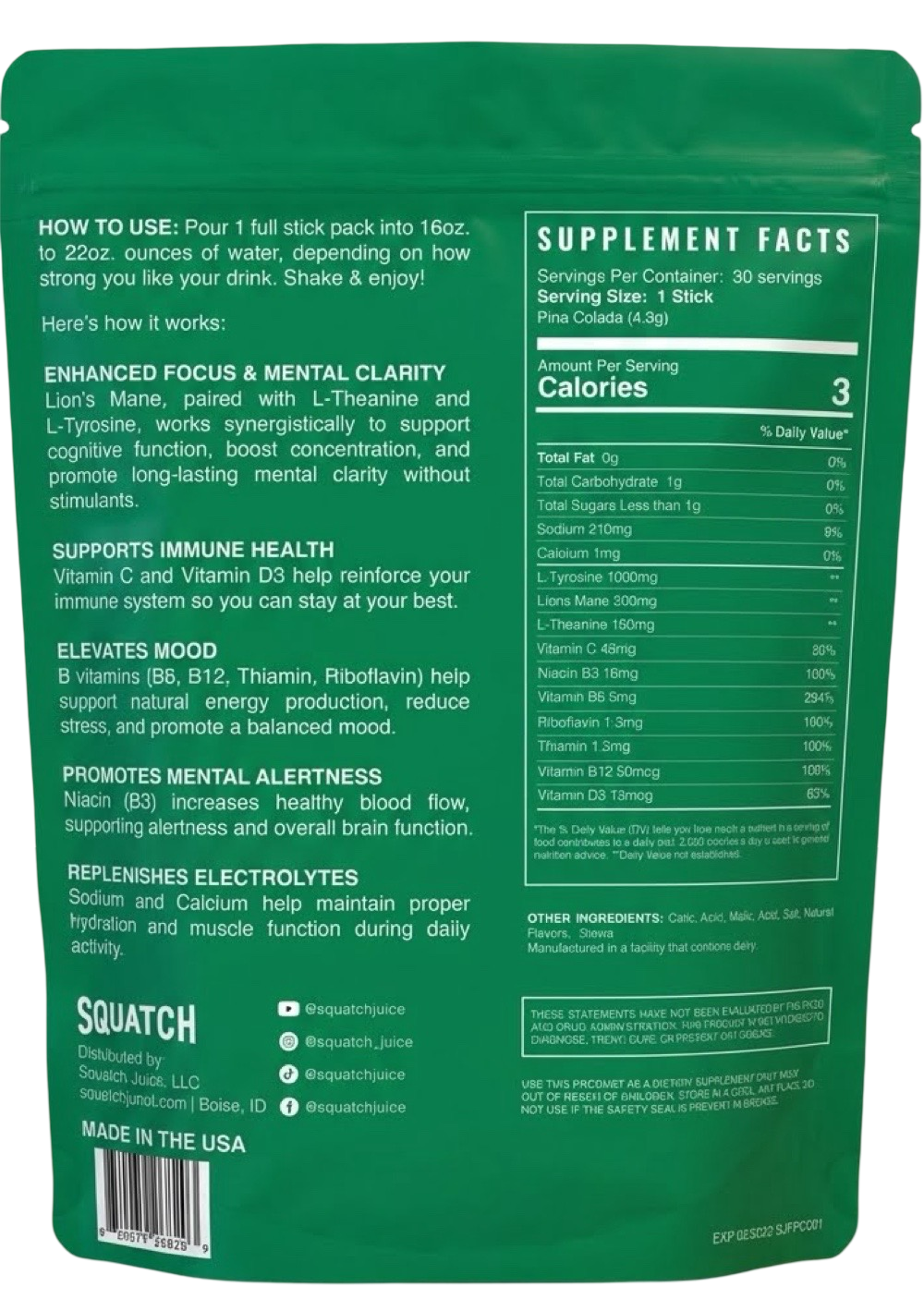 Squatch Juice Enhanced Focus - Pina Colada - 30 Sticks