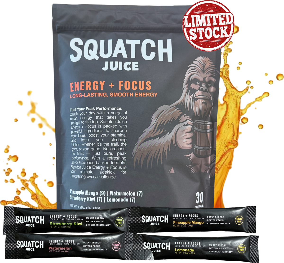 Squatch Juice Energy + Focus - Pre-order Only - 30 Sticks - Pineapple/Mango, Watermelon, Lemonade, Strawberry/Kiwi