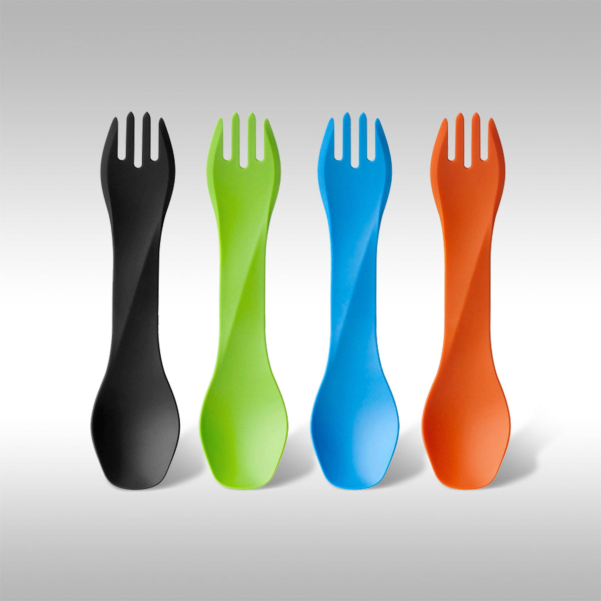 Four humangear sporks in all colors on a gray background