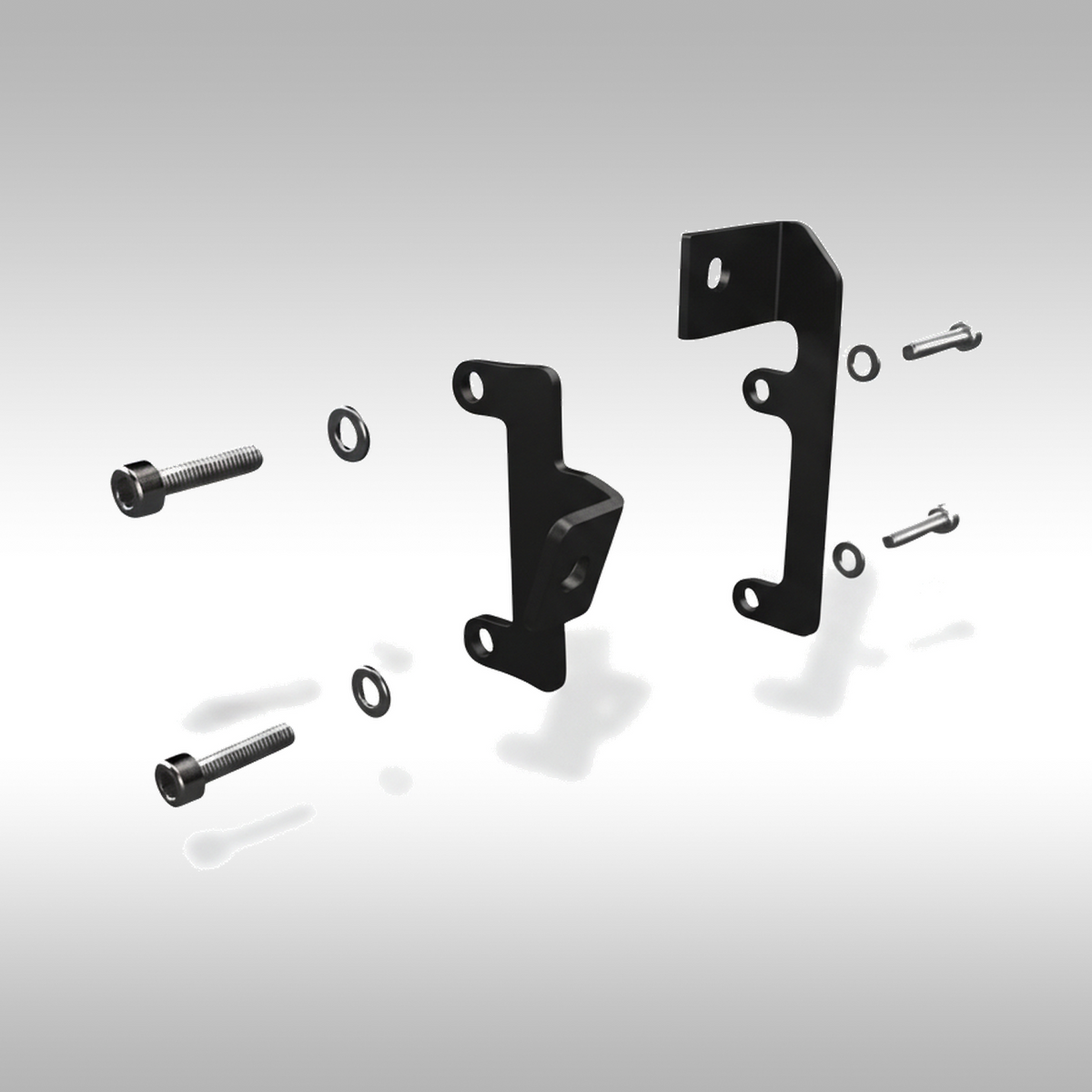 Black metal bracket and screws on a gray background