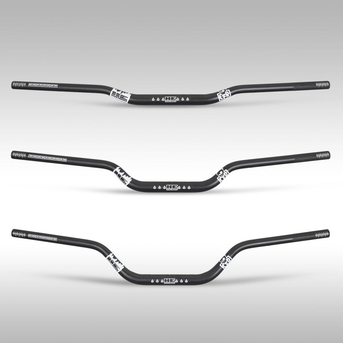 An image showcasing three different models of Cheetah Factory Racing Hard Enduro Bars for motorcycles. They are displayed in a stacked layout, with the highest rise bar at the top and the lowest at the bottom, all in black with white and silver detailing.