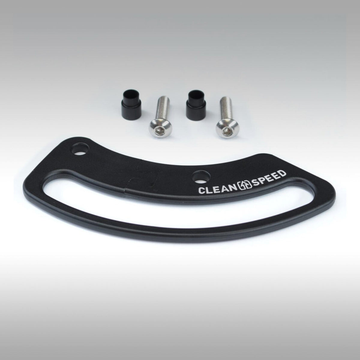 Black steering damper bracket with screws on a gray background, featuring the 'Clean Speed' brand.