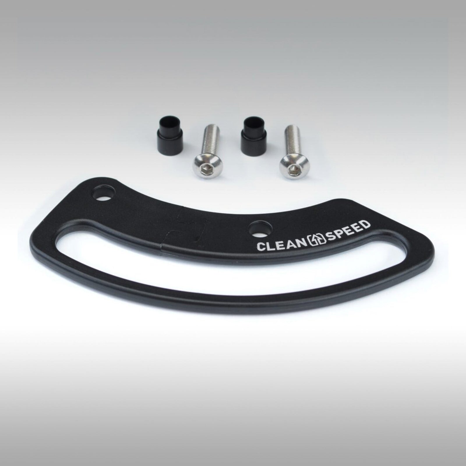 Black steering damper bracket with screws on a gray background, featuring the 'Clean Speed' brand.