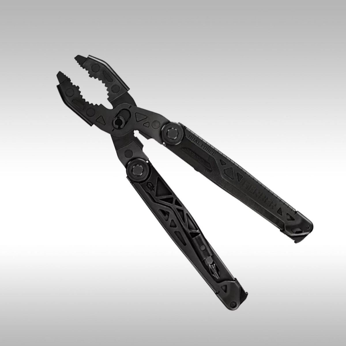Black multi-tool on a gray background