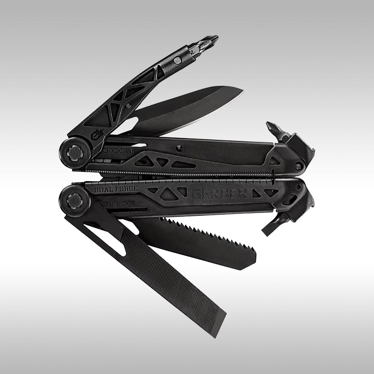 An open Gerber Dual-Force Multitool displaying various tools such as pliers, knife, saw, and file, all in black color.