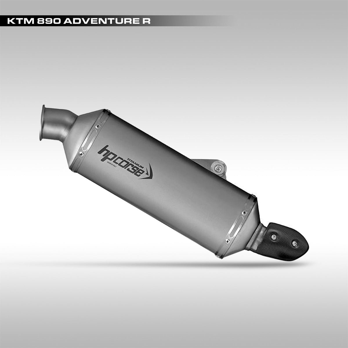 Motorcycle exhaust system for KTM 790 and 890 Adventure models with HP Corse branding on a gray background