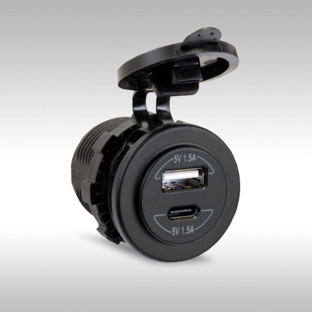 Jensen USB42C panel mount dual USB-A and USB-C charger outlet with watertight rubber cover.