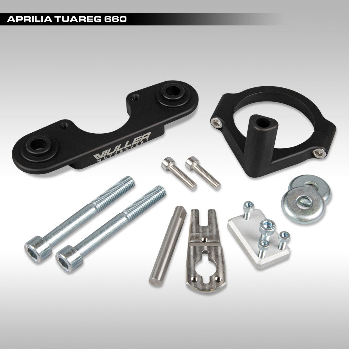 Steering damper kit for the Aprilia Tuareg 660. Muller Motorsports steering stabilizer mount kit works with a Scotts Performance steering stabilizer. 