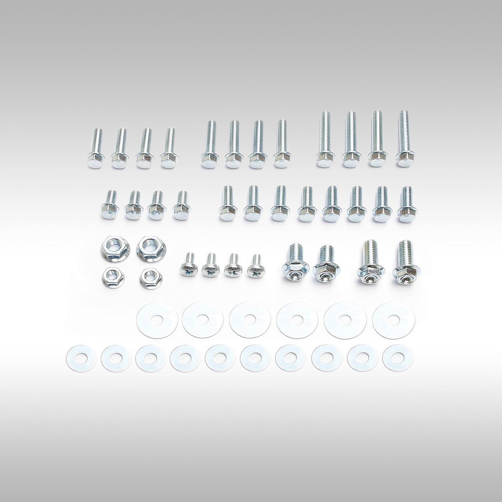Laid out assortment of Motion Pro metric, plated, grade 8.8 motorcycle hardware. 52 piece kit ideal for most motorcycles, atvs and other recreation vehicles.