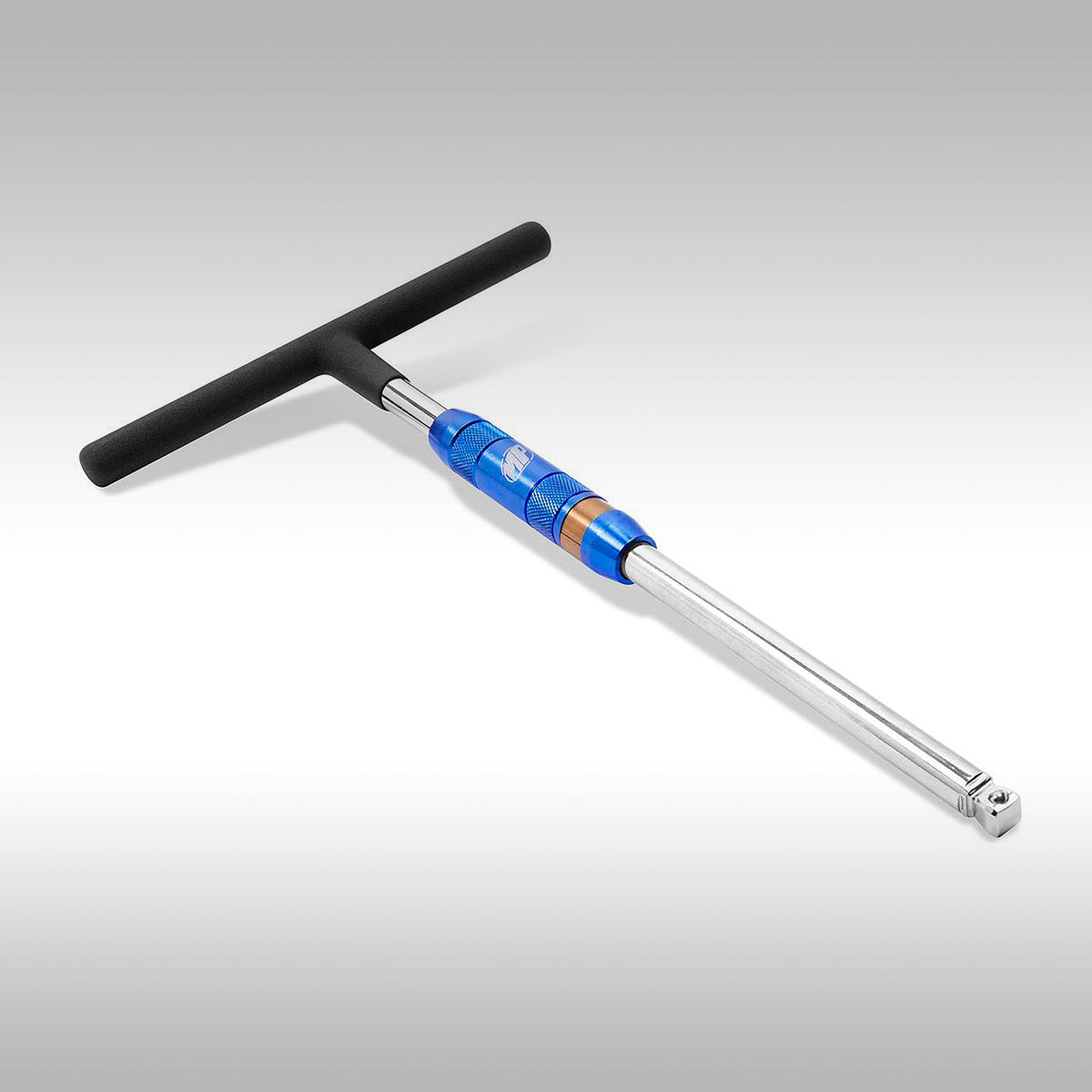 Motion Pro spinner T-handle with black handle and blue and silver shaft on a gray background