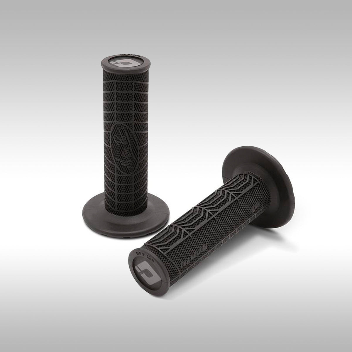 Pair of black motorcycle grips on a light gray background