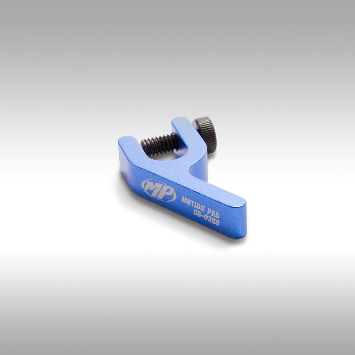 Blue tool with black screw on a gray background