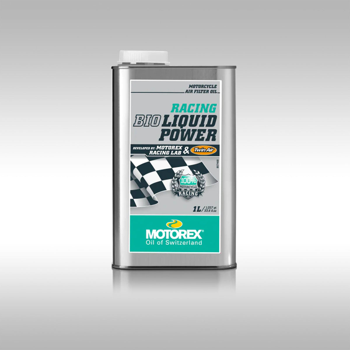 Motorex racing BIO air filter oil container on a gray background