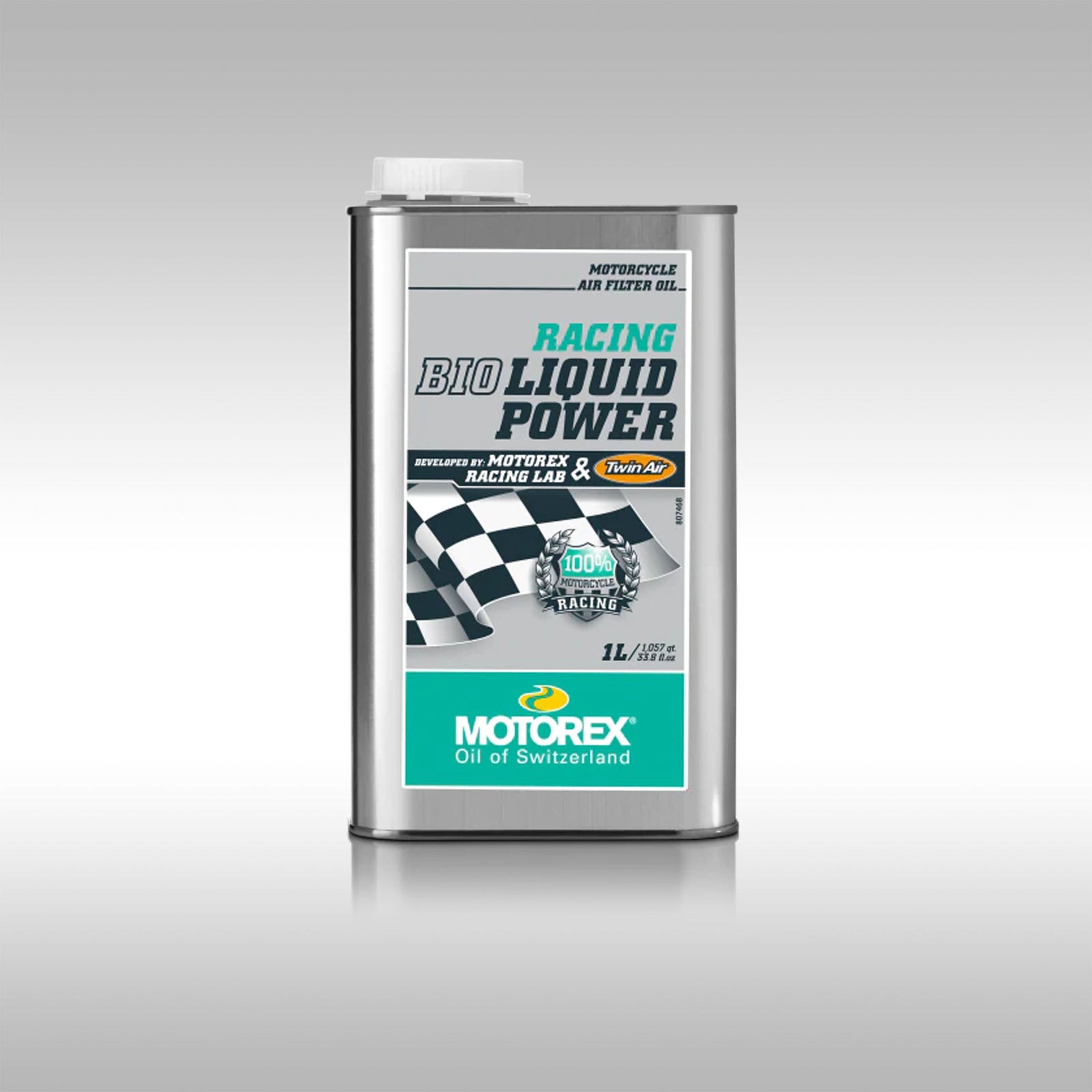 Motorex racing BIO air filter oil container on a gray background