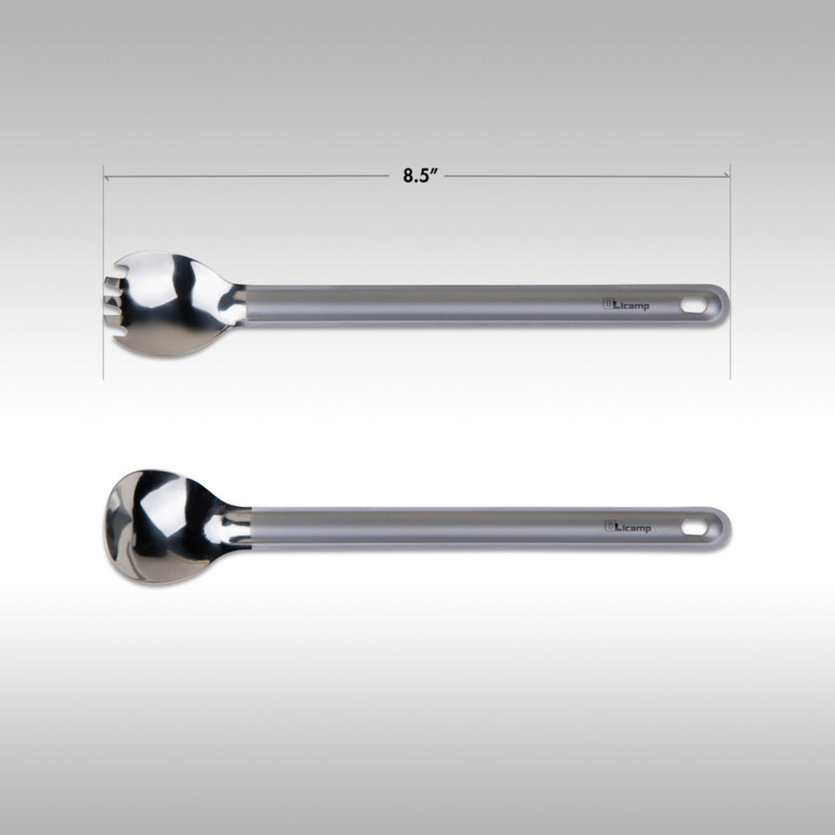 Olicamp Titanium Spork and Spoon camping utensils with 8.5" measurement on light gray background