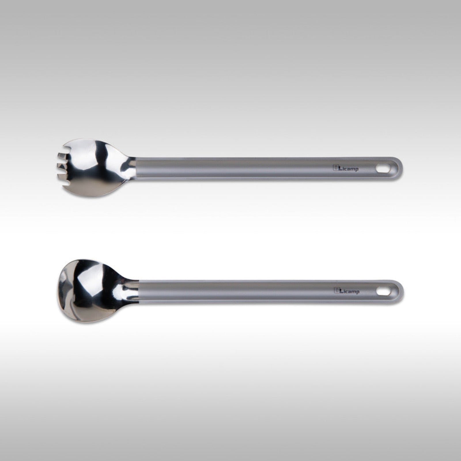 Olicamp Titanium Spork and Spoon camping utensils on light gray background