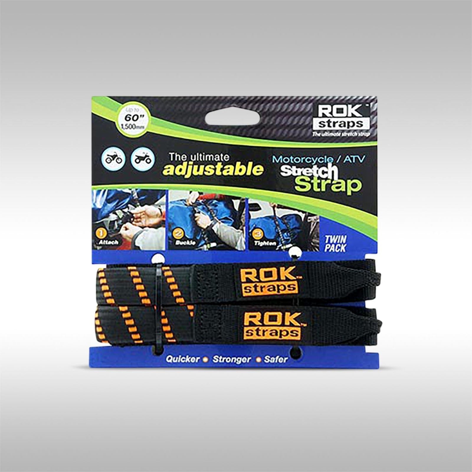 60 inch ROK Straps in Black / Orange packaged.