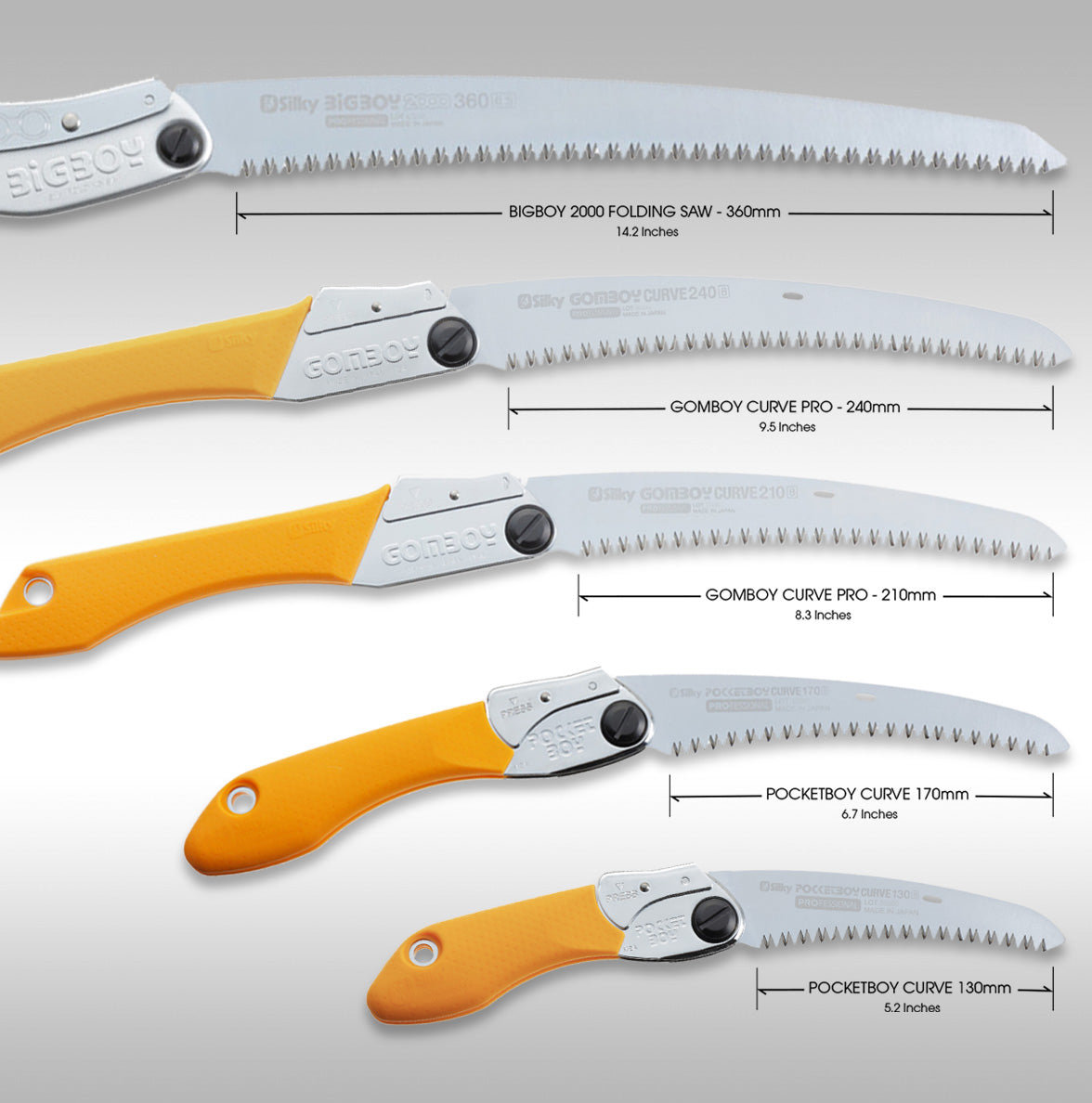 A Silky Saws folding saw with a silver blade and yellow handle. Silky Saws 360mm Large Tooth BigBoy 2000.