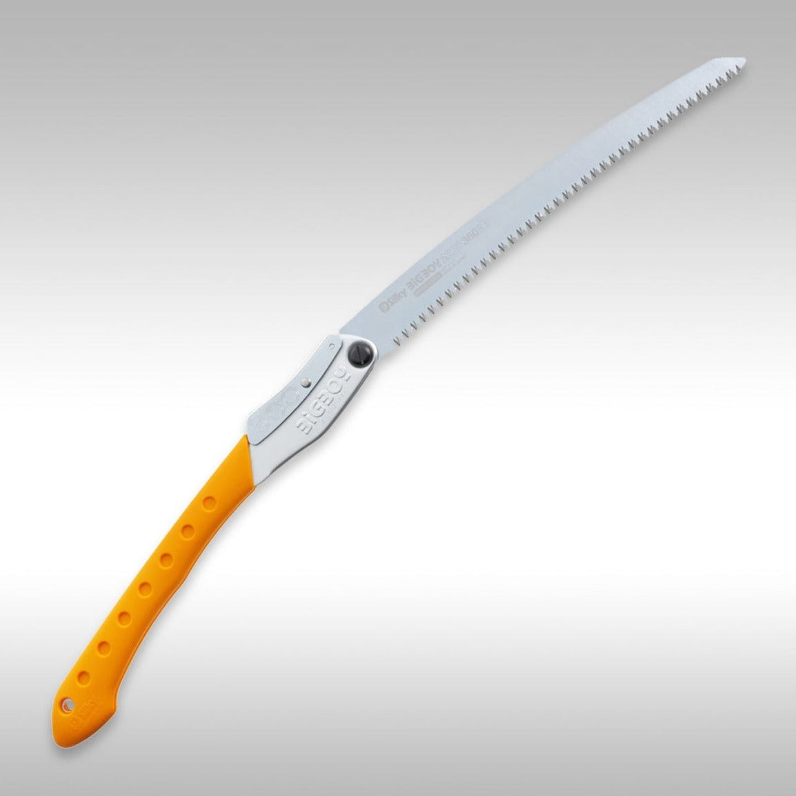 A Silky Saws folding saw with a silver blade and yellow handle. Silky Saws 360mm Large Tooth BigBoy 2000.