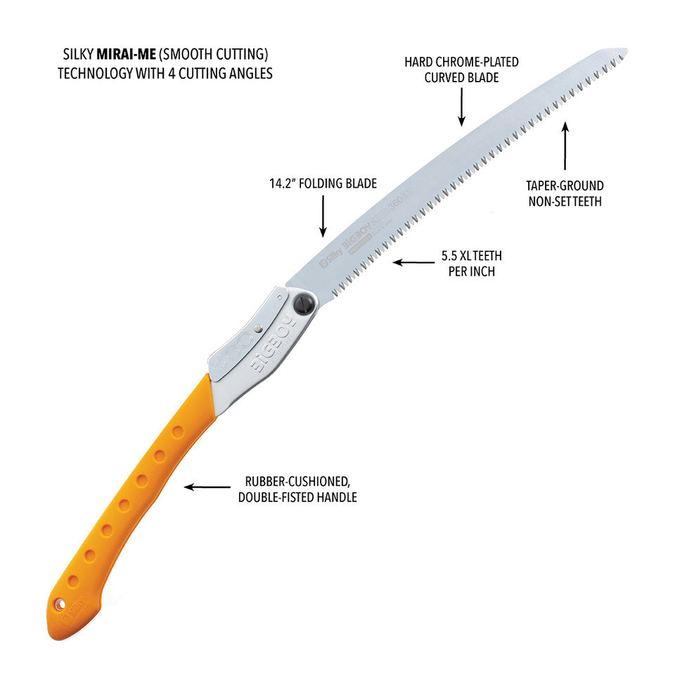 A Silky Saws folding saw with a silver blade and yellow handle. Silky Saws 360mm Large Tooth BigBoy 2000.