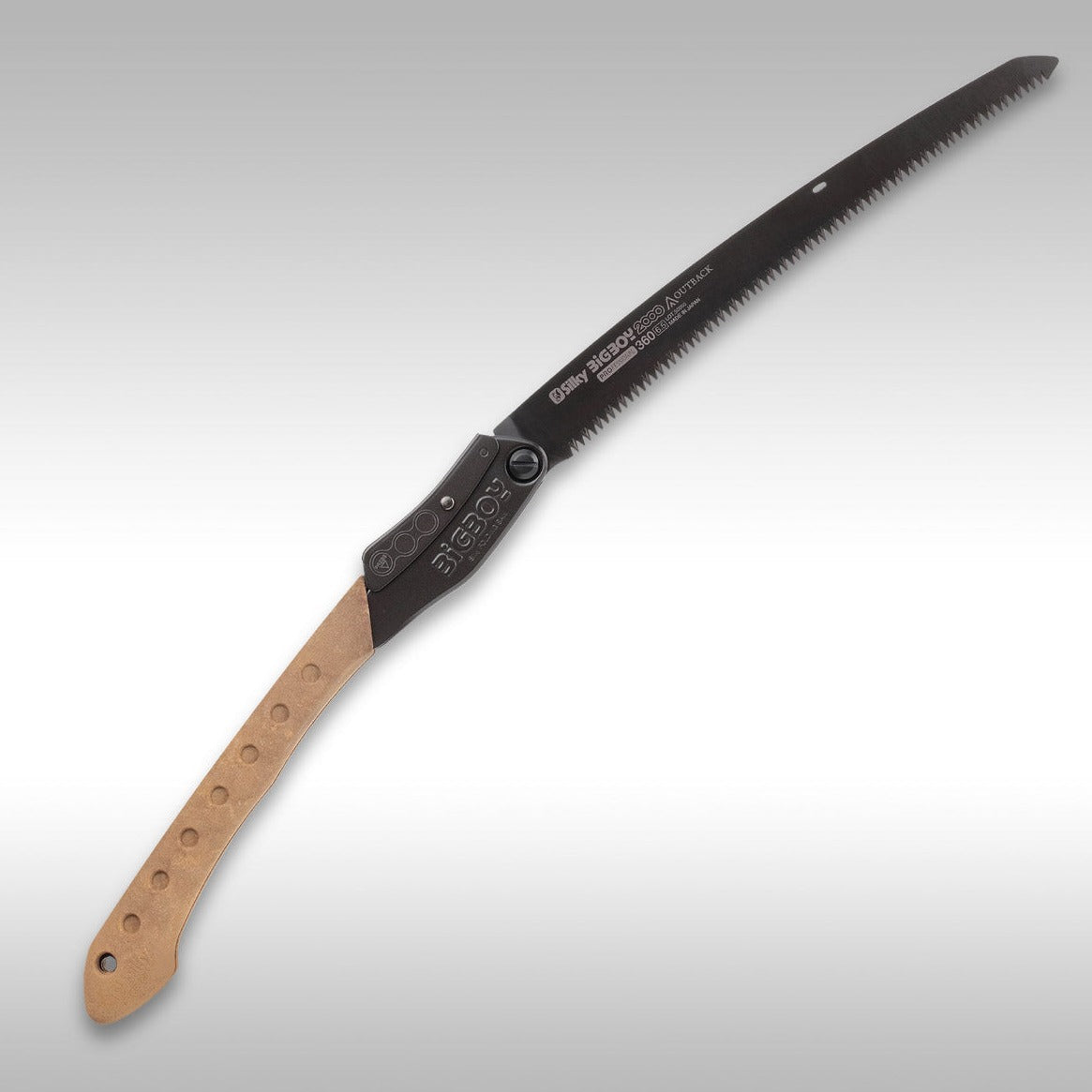 Silky Saws Bigboy 2000 Outback Edition 300mm Folding Saw with a black blade and brown handle on a gray background