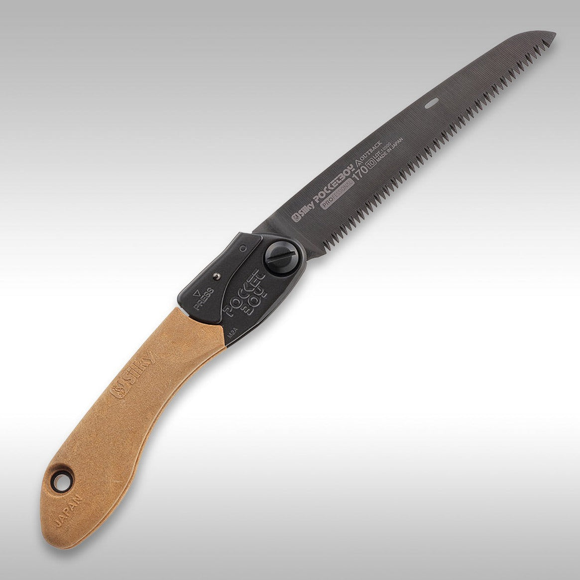 Folding saw with a brown handle on a gray background