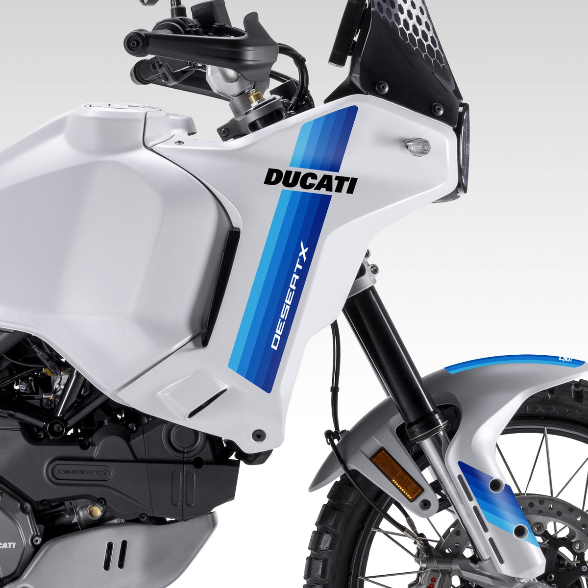 Ducati motorcycle with Blue Gradient styling kit on a gray background