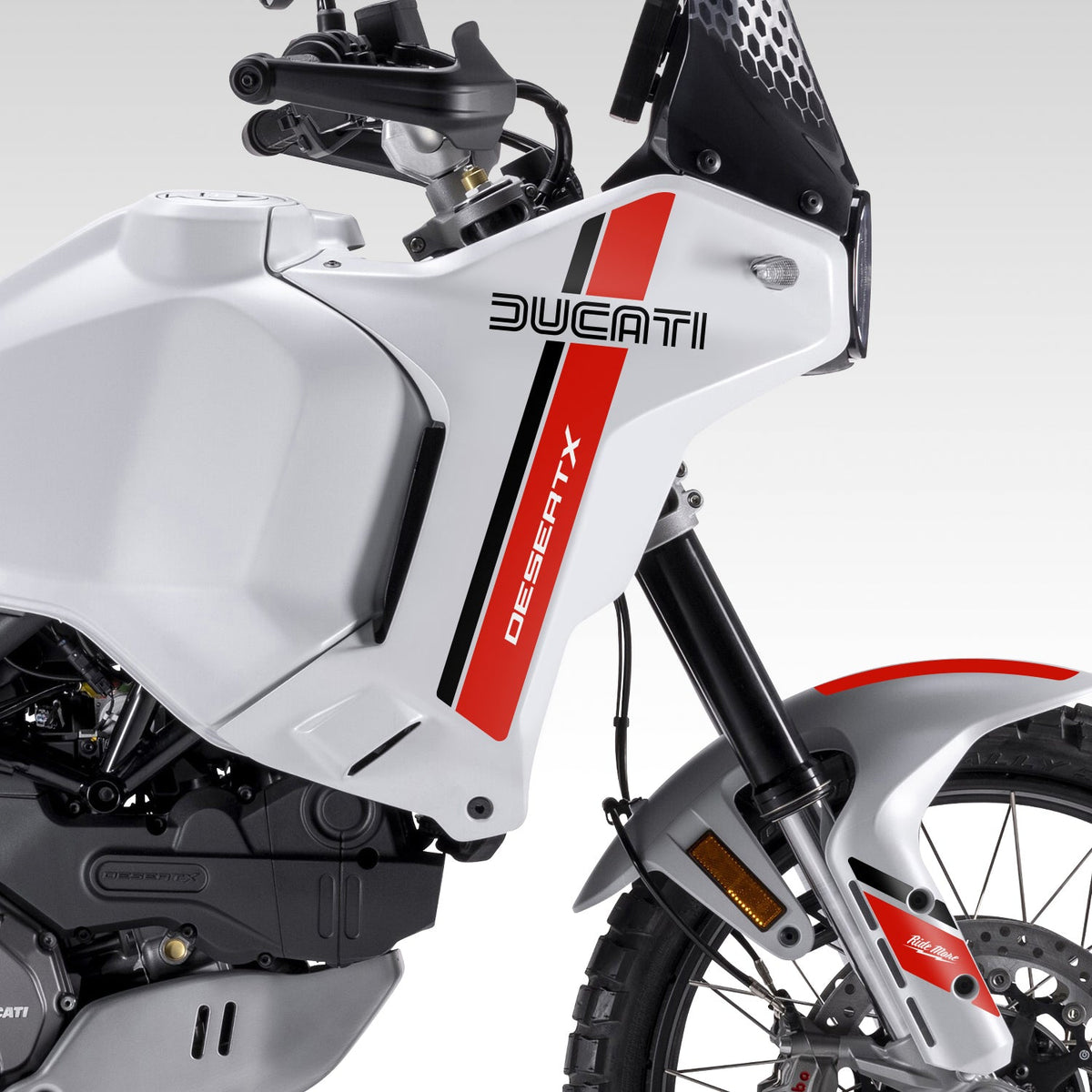 Ducati motorcycle with Retro Red styling kit on a gray background