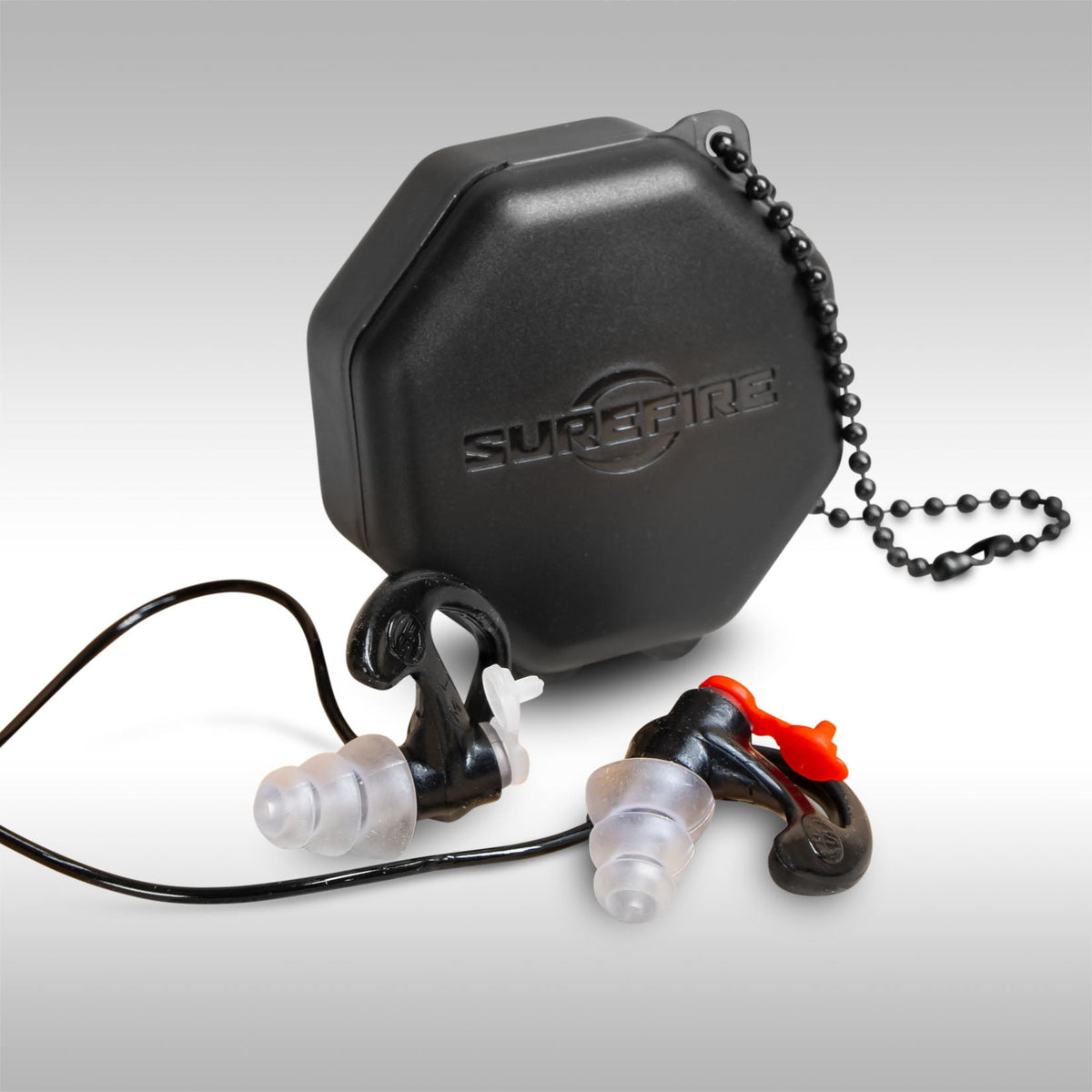 SureFire earplugs with a black carrying case on a light gray background