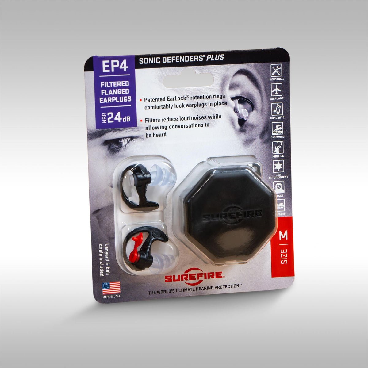 SureFire earplugs with a black carrying case on a light gray background