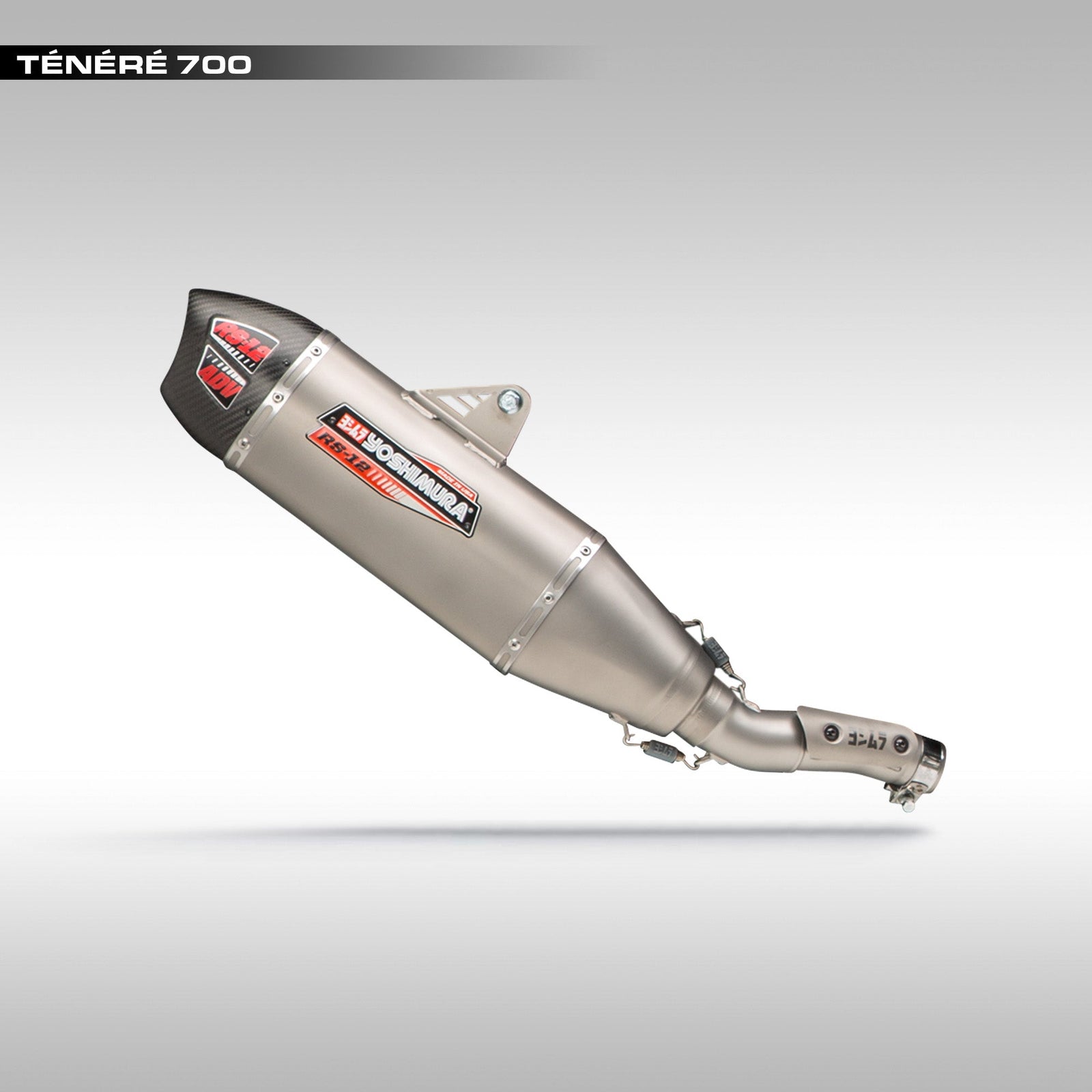 Motorcycle exhaust system for the Yamaha Tenere 700 on a gray background.